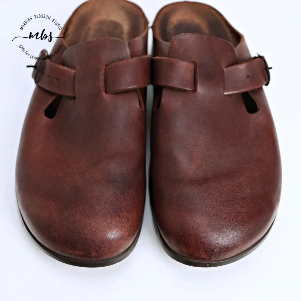 Mephisto Distressed Leather Adjustable Buckle Slide Clog Mules Brown Men 10.5